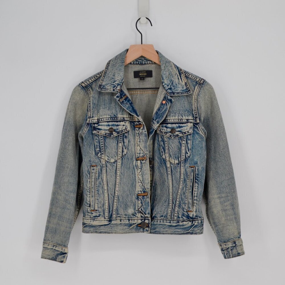J. Crew Indigo Denim Trucker Jacket Light Wash S Distressed Jean Vintage Blue
